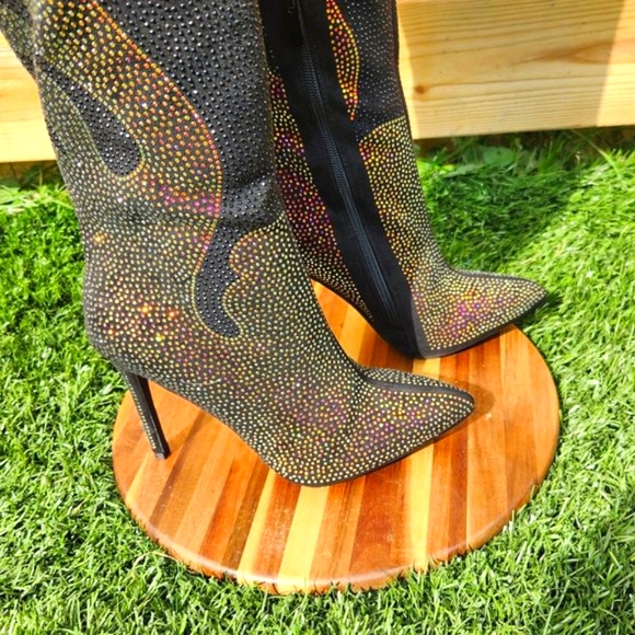 Sexy & Fun Black & Gold Rhinestone Flame Detail Sexy OTK Thigh Boots - Picture 8 of 16